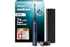 ‎PHILIPS Philips Sonicare 5500 elektrische Zahnbürste, Schallzahnbürste mit 2 Putzmodi, Andruckkontrolle, EasyStart, SmarTimer und BrushPacer, Navy, Modell HX7113/01 [Neue Technologie]