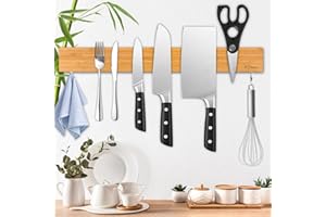Dmore Magnetic Bamboo Knife Holder with 2 Hooks, 40 cm Magnetic Strip Knife, Extremely Self-Adhesive Magnetic Knife Holder Wood for a Tidy Kitchen