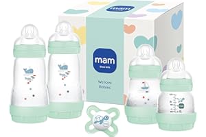 MAM Easy Start Anti-Colic - Set regalo per neonati | 0+ Mon | 94% accettazione | 96% raccomandazione ostetrica | 80% in meno di coliche | 4 bottiglie e 1 ciuccio originale Start | menta