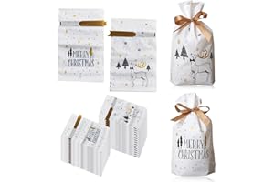 SUNSHINE SMILE 50 sztuk torebek na prezenty bożonarodzeniowe, torebki na słodycze, torebki na Boże Narodzenie, torebki na słodycze, torebki na prezenty bożonarodzeniowe z tasiemką i sznurkiem, opakowanie na słodycze (C)