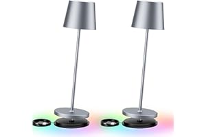 brightower 2 Stück LED Akku Tischlampe Kabellose, Dimmbare Touch Tischleuchte mit USB Ladestation, Warmweiß & 8 RGB Farben Outdoor Tischlampe, Aluminium, IP54 Wasserdichte (Silbergrau 2 Stück)