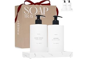 FINESSY Modern Luxe White Kitchen Soap Dispenser Set with Tray, Lotion Dishwashing Liquid Detergent Hand and Dish Soap Dispenser Set, Dual Refillable Pump Bottles for Kitchen and Bathroom Countertop Farmhouse