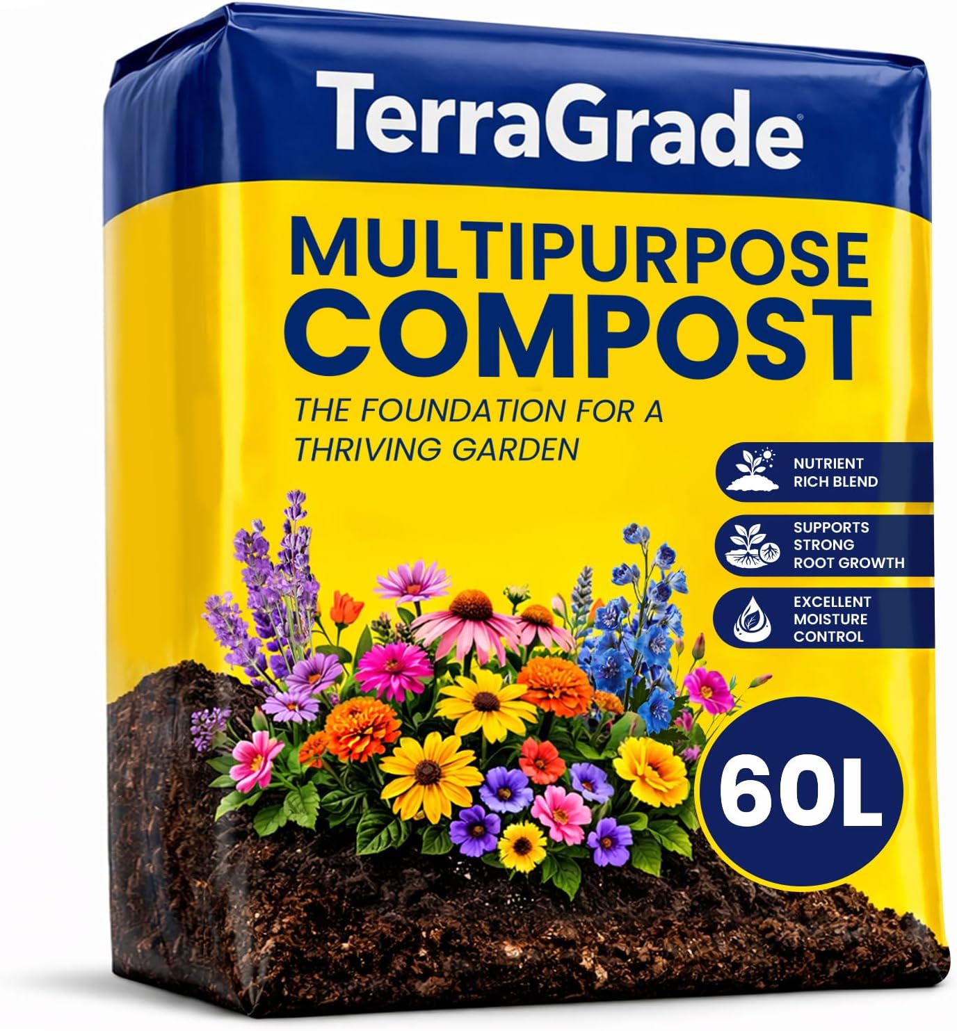 TerraGrade Multipurpose Compost 60L | Premium Potting & Garden Soil for Indoor & Outdoor Plants | Nutrient Rich Compost for Vegetables, Seeds, Seedlings & Houseplants | Moisture Retentive Root Boostin