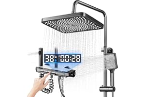 KOEUTOZE Colonne de Douche, Système de Douche avec Thermostat à Affichage Numérique LED, Pommeau de Douche à Effet Pluie, Douchette à Main, jet et Robinet Cascade, Titane, Colonne de Douche Réglable (Gris)