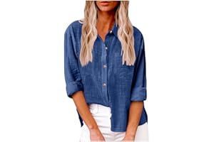 HAOLEI Camicia Donna Lino Cotone, Elegante Curvy Camicia in Lino Camicia con Maniche Lunga e Colletto a Revers in Tinta Unita Leggera e Comoda per L'Estate Camicetta da Donna alla Moda Camicia da Spiaggia