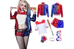 Forfamy Costume Harley Queen Halloween, Harley Queen Cosplay Outfit con Gonfiabile Mazza da Baseball Giacca Maglietta Pantaloncini Guanto Collana e Parrucca per Carnevale Halloween