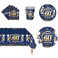 69Pcs Navy Blue Gold 60th Birthday Party Tableware, Blue 60th Birthday Tableware Set with Paper Plates,Napkins serviette, 60th Table Cloth, Paper Cups for Women Birthday Party Table Decorations