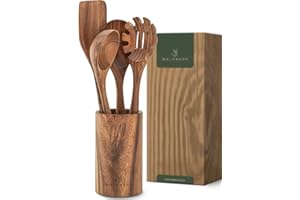 WALDWERK Ustensiles de cuisine en bois de teck – Set de 4 pièces comprenant une spatule, une cuillère bois, une cuillère à pâtes et un support – Spatule en bois - Ustensiles de cuisine bois