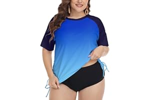 FOREYOND Plus Size Swim Tops Women Short Sleeve Rash Guard Shirts UPF 50+ Sun Protection Swimwear Swim Suits