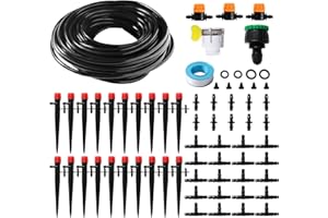 VooGenzek 66 Piezas 4/6 mm Kit de Sistema de Riego por Goteo, 15m Manguera de Riego, Kit de Riego por Goteo Automático, con Juntas de Púas Rectas, Conectores en T, Tapones Extremo, para Jardin