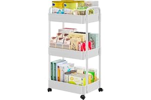 SavvyStor 3 Tier Trolley on Wheels, Storage Trolley Cart, Storage Rack, Kitchen Storage Utility Cart, Rolling Storage Rack for Bedroom, Bathroom, Office, White