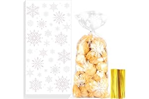 PHISGNIO 100 Pezzi Sacchetti Biscotti di Natale, Sacchetti Cellophane Trasparenti Fiocchi di Neve Sacchetti Regalo Natale con 150pz Nastri Dorati per Cioccolato e Caramelle