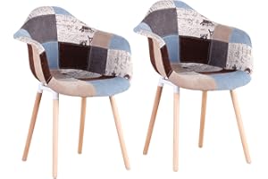 BenyLed Juego de 2 Sillas de Comedor, Sillas de Cocina con Apoyabrazos y Patas de Madera de Haya, Sillas Patchwork para Comedor, Salón, Dormitorio, etc. (Gris)