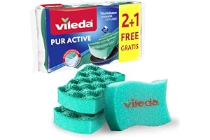 Vileda Pur Active Dishwashing Sponge, antibacterial, Teflon-friendly, Eco-friendly, Green, 3 Pcs