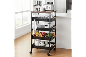 RITHRY 5-Stöckiger Rollwagen mit Schubladen, Küchenwagen mit Rollen, Aufbewahrungswagen aus Metall mit Holzplatte, Belüfteten Körben und Rollen, Snack-Organizer für Obst, Gemüse und Mikrowelle