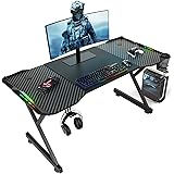 HLFURNIEU Scrivania da Gaming con LED, 140 x 60 cm, Scrivania da Gioco Ergonomica, PC con Tappetino per Mouse, Supporto per C