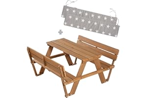 roba Kinder Outdoor+ Sitzgruppe Picknick for 4 mit Rückenlehnen & Sitzkissen - Garten Kindersitzgruppe mit 4 Plätzen - Sitzgarnitur aus wetterfestem Holz - Teak