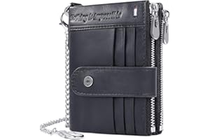 REETEE Męski portfel y blokadą RFID, z prawdziwej skóry, wąski portfel dla mężczyzn z łańcuszkiem, składany portfel skórzany, 19 etui na karty kredytowe i kieszeń na monety na zamek błyskawiczny,