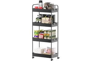 Carastek Rollwagen Küchenwagen mit 4 Ebenen Servierwagen Aufbewahrungswagen Beweglicher Snackwagen Badezimmerwagen Allzweckwagen mit Griff Haken Rollwagen Nischenregal auf Rollen für Küche Büro