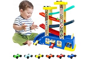 YATOSEEN Rampa Auto Giocattolo, Giocattoli Montessori con 6 Mini Auto e 4 Piste da Corsa Colorate, Garage e Parcheggi, Giocattolo Rampa da Corsa Regalo per Ragazzi e Ragazze