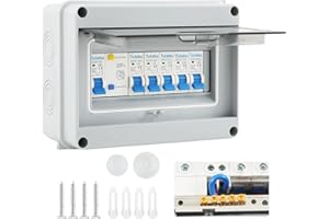 CUPEOHOME 4 Way Consumer unit Circuit Breaker, Garage unit with Assembly Tool, 63A 30mA RCD 4MCB 2x6A+10A+20A+32A, IP65 Anti-Leakage Fuse Box for Garages Caravans Workshops