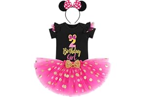 IBTOM CASTLE Baby Mädchen 1./2./3. Geburtstag Outfits Kurzarm Strampler/T-Shirt Top+Polka Dot Tüll Tutu Rock+Minnie Mouse Stirnband 3tlg Prinzessin Geburtstagsparty Kleid Kuchen Smash Fotoshooting