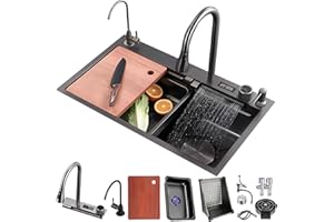 GENERIC Fregadero Cocina 80x50cm, Multifuncional LED Fregadero de Cocina de 1 Cubeta, Negro Grande Fregadero de Acero Inoxidable, con lavadora de vidrio, Kit de Drenaje Filtro, sifón así como otros accesorios