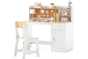 COSTWAY Kids Desk and Chair Set, Wooden Children School Study Table with Drawer, Bulletin Board, Hutch, Storage Shelves, Student Writing Desks for Reading Crafting (White+Natural)