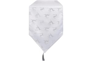 Celebright Christmas Tasselled Table Runner - 13 x 96 inches (33 x 244 cm) - Ideal Xmas Dinner Table Decorative Settings - Embossed Metallic Deer Design - White & Metallic Silver