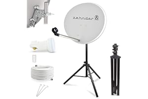 LOGISAT Digitale Camping Sat Anlage Spiegel 60 cm Single LNB 0,1 dB + 10m Kabel + Dreibein Stativ Kabel Balkon Caravan Mobil Schüssel Antenne HD UHD 4K geeignet h