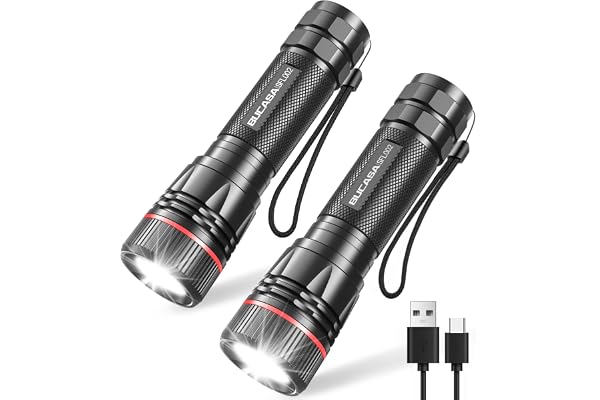 BUCASA LED Lampe Torche Rechargeable, 2000 Lumens Lampe Torche LED Ultra Puissante avec 3 Modes, 2 Pièces Zoomable Lampes Torches Enfant, Étanche Flashlight pour Camping, Randonnée, Urgence,Cadeau