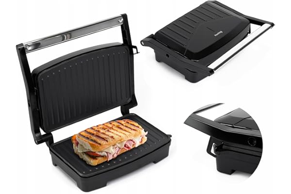 Huslog Grill Panini Électrique 1000W avec Revêtement Antiadhésif, Poignée Cool Touch, Voyant Lumineux, Pieds Antidérapants, Format Compact 28x22,5x8,8 cm, Inox, Noir