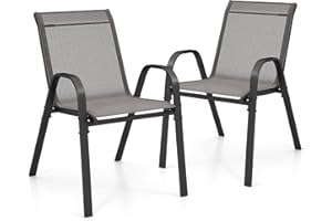 GIANTEX Lot de 2 Chaises de Jardin Extérieures, Chaise de Salle à Manger Empilables Cadre en Acier avec Mains Courantes, Fauteuil d'Extérieur avec Dossier et Siège Ergonomiques (Gris)