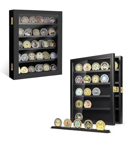 Verani Vitrine Murale pour collectionneur, Porte-pièces de Monnaie Militaire, épingles, boîte ombrée verrouillable avec étagères Amovibles, Noir