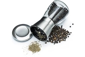 LOHAS Home Salt Pepper Mill with Glass Body Adjustable Ceramic Manual Grinder Herb Spice Crusher Suitable for Coarse Sea Salt Peppercorn, Stainless Steel Silver