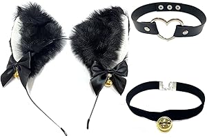 CQQNIU 1 szt. Opaska z czarnymi uszami kota z 2 szt. Paskiem na szyję, akcesoria do cosplayu kota z dzwoneczkami, akcesoria do przebrań na Halloween dla dziewczynek kobiet, Cosplay na imprezę.