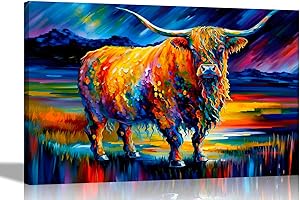 Artley Prints - Magnifiques images sur toile abstraites modernes de vache des Highlands pour salon, chambre à coucher, couloir, cuisine - Impressions colorées XL 101 x 76 cm (40 x 30 pouces)