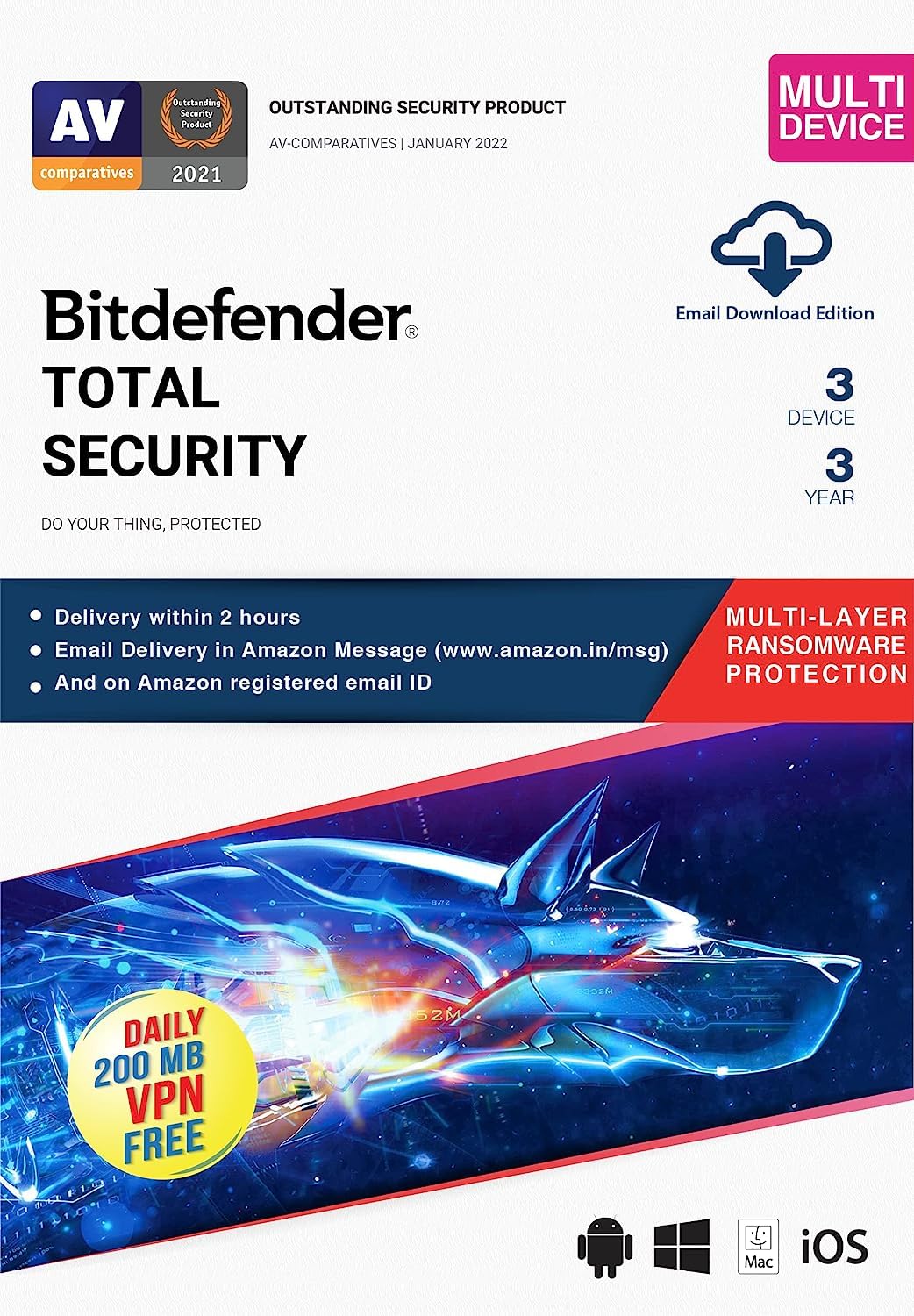BitDefender Total Security Latest Version (Windows / Mac / Android / iOS) - 3 Devices, 3 Years (Single Activation Code) (Emai