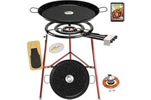 COMBOI Kit Paellero Pro-E 53 cm, Brûleur à gaz butane-propane, Paellera émaillée 70 et 42 cm, Régulateur, Tube, Pieds renforcés, niveau, tablier, livre de recettes numériques