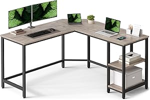 VASAGLE Escritorio, Mesa de Ordenador en Forma de L, 138 x 138 x 76 cm, Esquina con 2 Estantes, Ahorra Espacio, para Oficina Casa, Juegos, Greige y Negro LWD72MB