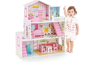 Maxmass 3-Storey Kids Dollhouse, Wooden Children Dolls House with Rich Furniture Accessories and Simulated Rooms, Large Toddlers Pretend Play DIY Dollhouse Gift for 3-7 Years Old (10 PCS, 5 Rooms)