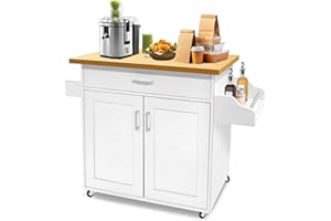 FIVMEN Carrello da cucina bianco con ruote e piano di lavoro, carrello da cucina, isola in legno, con portasciugamani e portaspezie, mobile da cucina, carrello da cucina, 115 x 90 x 36 cm