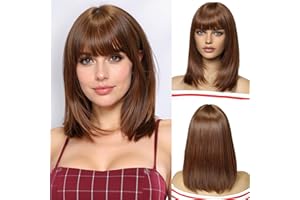 OUFEI Rame Marrone Bob Parrucca con Frangetta Parrucca Corta Dritto per Le Donne Parrucche Capelli Sintetici per La Festa Quotidiana Cosplay Indossare
