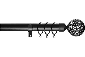 Home Harmony® Sphere Geo Finial Telescopic Extendable Curtain Pole set In Black Silver White and Matching Holdbacks Available (Black, 120-210 cm)