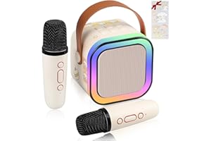 LAMJAD Karaoke Machine Kids for Girls Toys with 2 Microphones,Mini Karaoke Machine Portable Bluetooth with LED Light Cartoon Stickers, Gifts for Gils Boys Birthday Party 3-18Year Old, Home KTV(White)
