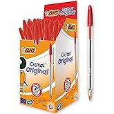 BIC Cristal Medium Ballpoint Pen Red 50 Box, 1.0mm Medium Thickness Tip, Transparent Body, Perforated Cover