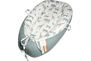 Little Grape Land Baby Nest Pod 90×65 cm, Reversible Double-Sided Muslin, Newborn Lounger 0–24 Months, 360° Bumper, Adjustable Ties, Portable Handles, Machine Washable, Safari