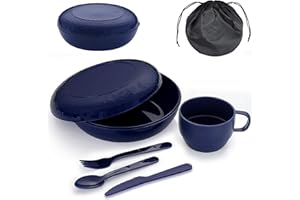 Evanda kit campeggio con ciotola, piatto, tazza, cucchiaio, forchetta, coltello e borsa per il trasporto, Riutilizzabile accessori da campeggio Attrezzatura essenziale Peso leggero Facile trasportare