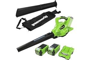 Greenworks GD40BVK2X Soplador Aspirador de Hojas a Batería con Motor sin Escobillas, 280 km/h, 9,63 m³/min, Bolsa Recogedora de 45L, Dos de las Baterías de 40V 2Ah y Cargador, Garantía de 3 Años