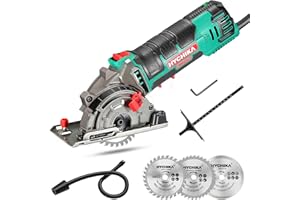 ‎HYCHIKA BETTER TOOLS FOR BETTER LIFE HYCHIKA Mini Kreissäge, Handkreissäge mit 3 Sägeblättern, Skalenlineal, 500W Motor aus reinem Kupfer, 4500RPM, Ideal für Holz-, Weichmetall-, Fliesen- und Kunststoffschnitte